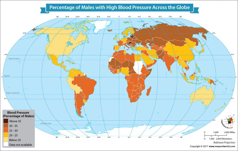World map showing countries with male population with high blood pressure