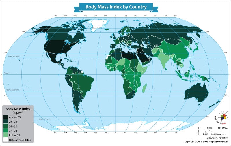 World map showing country's ranks on BMI