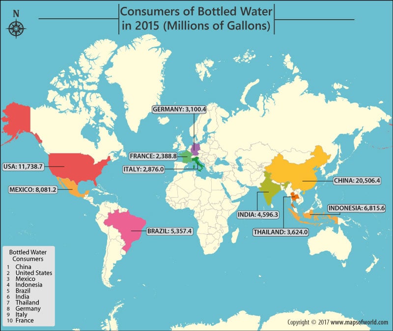 World map showing countries consuming the most bottled water