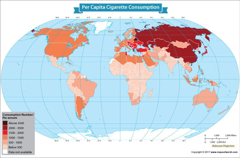 World map showing countries with the highest cigarette consumers