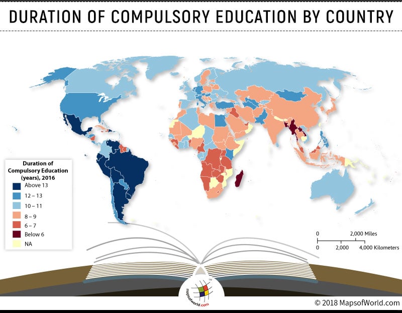 World map showing years of compulsory education across nations