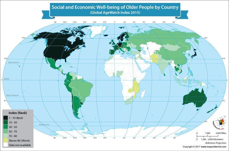 World map showing best and worst countries for old people to live in