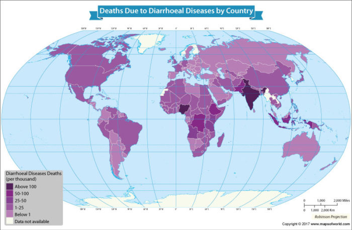 World map showing countries with death rates from diarrhoea