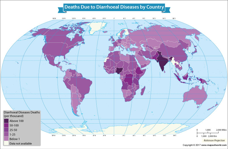 World map showing countries with death rates from diarrhoea 