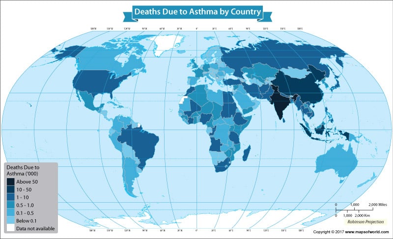 World map showing deaths due to Asthma 