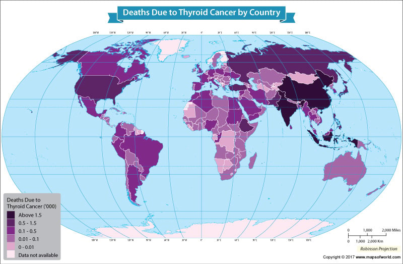 World map showing death rate due to Thyroid Cancer