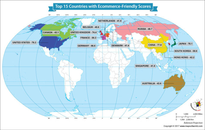 World map showing the top 15 e-commerce markets of the world