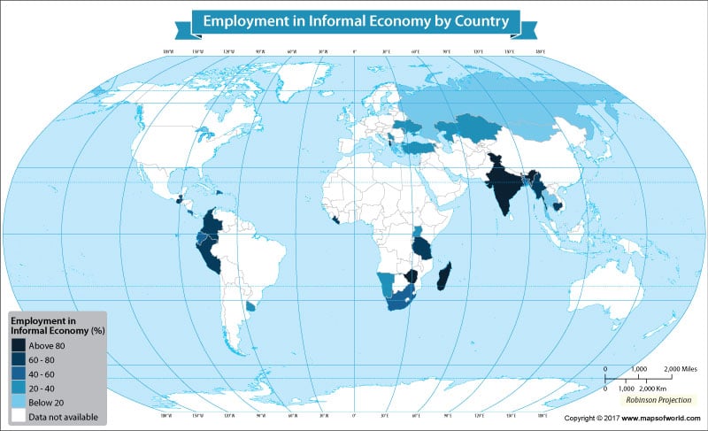 Wold map showing employment in the informal sector economy