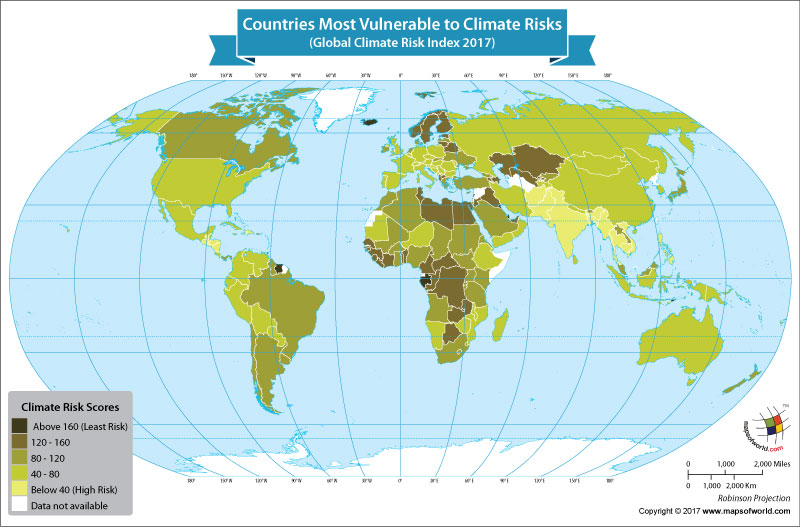 World map showing countries with adverse weather conditions