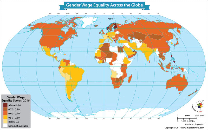 World map showing gender equality in wages