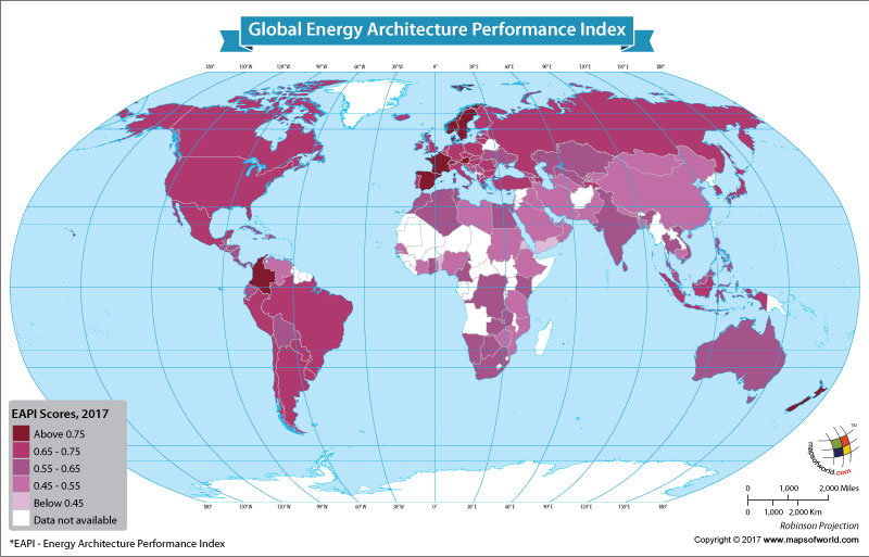World map showing global energy architecture performance index