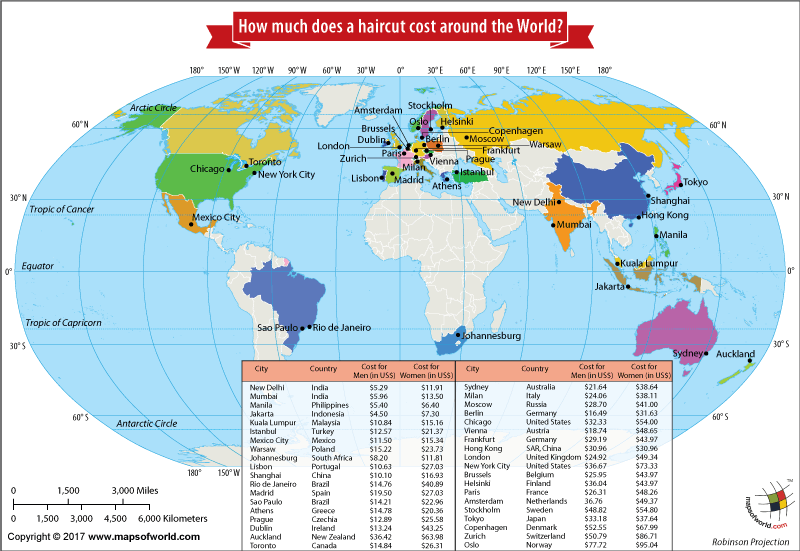 World map showing the cost of a haircut around the world