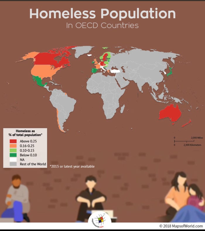 World map showing homeless population rates in OECD countries
