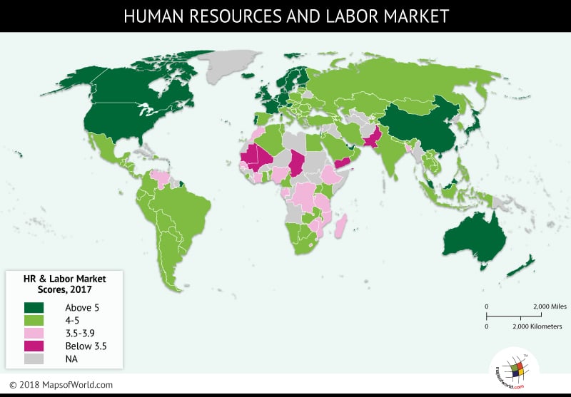 World map showing nations and the HR and labor competitiveness in tourism