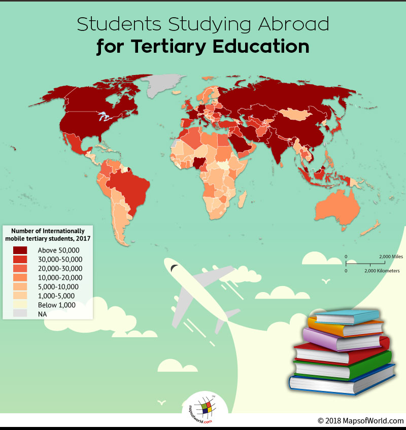 World map depicting international outbound student mobility across the world