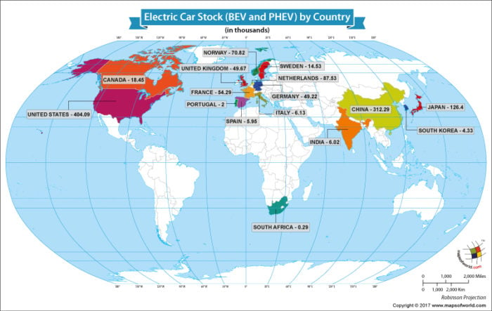 World map showing countries with the highest electric cars stock