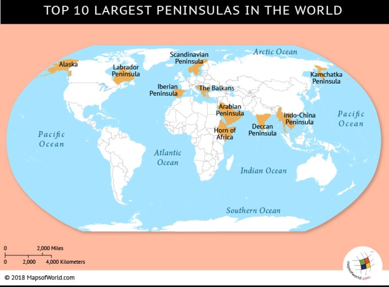 World Map Showing The Largest Peninsulas In The World Answers   Map Largest Peninsulas 768x567 