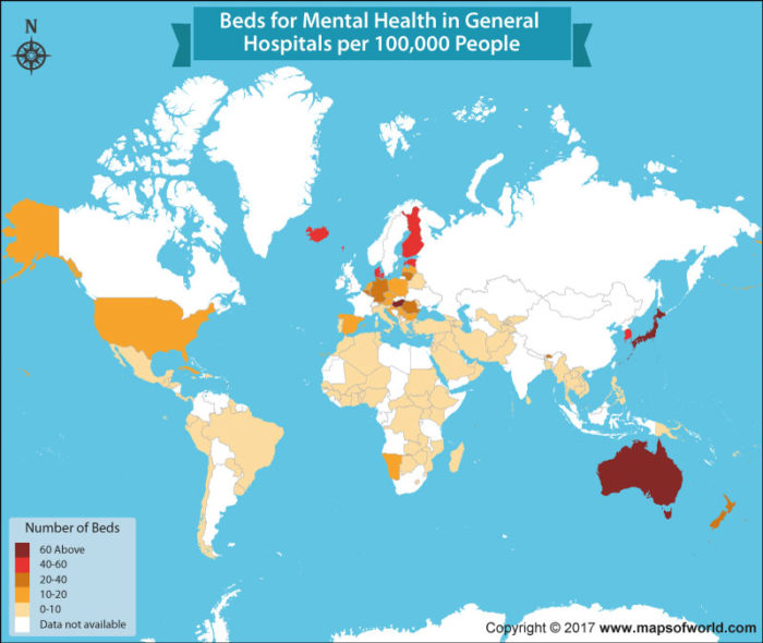 World map showing number of beds in mental hospitals