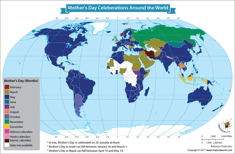 World map showing the different dates for the celebration of mother's day