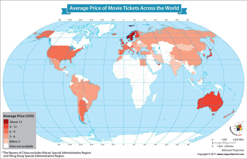 World map showing the prices of movie tickets around the world