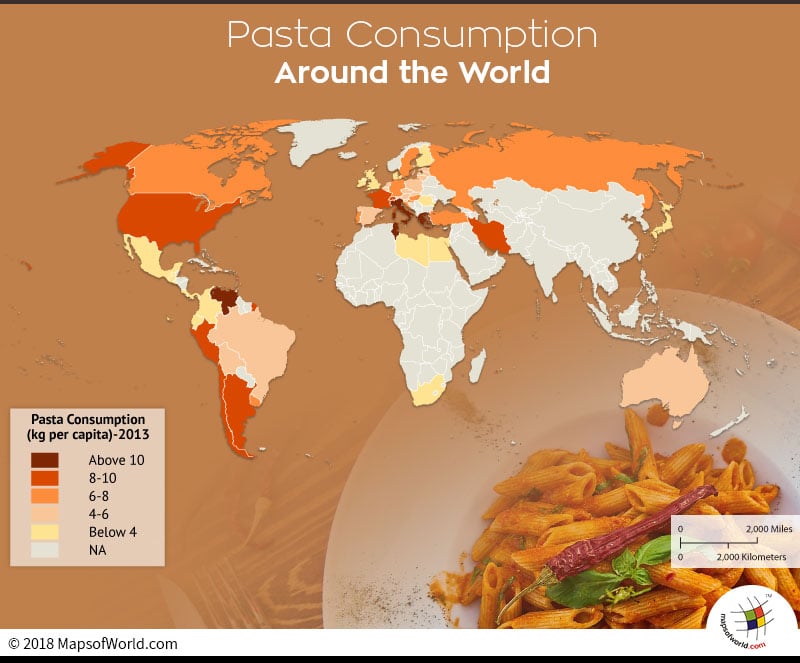 World map showing highest pasta consuming nations