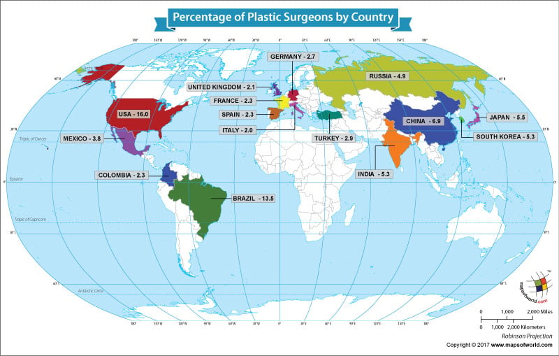 World map showing the percentage of plastic surgeons 
