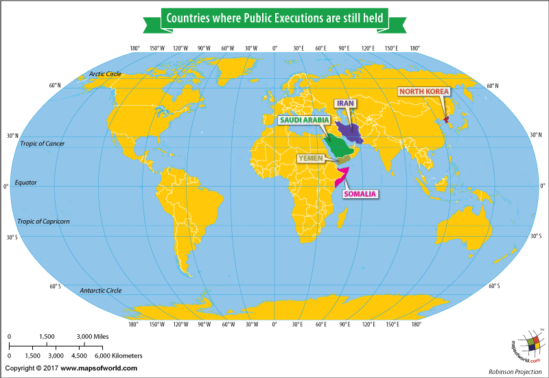 World map showing countries practicing public executions