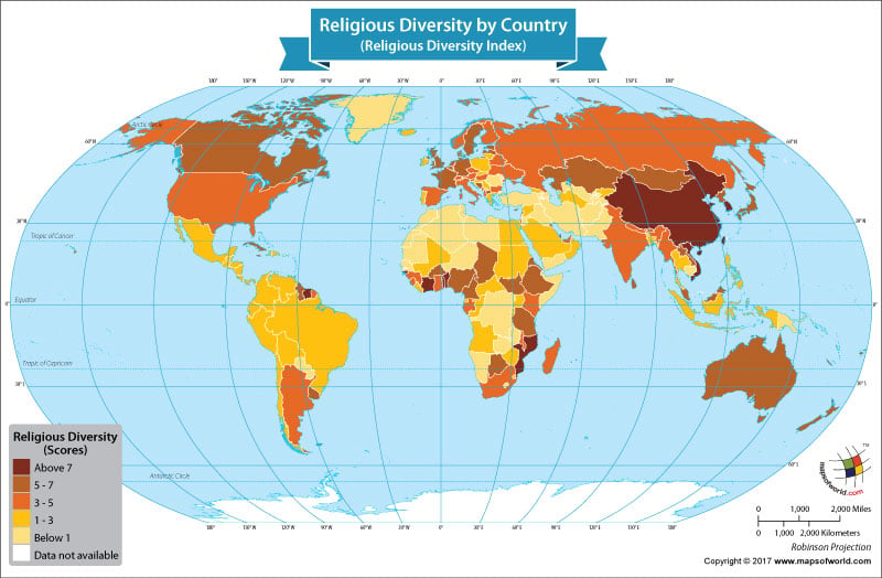 World map showing the religious diversity scores of the nations