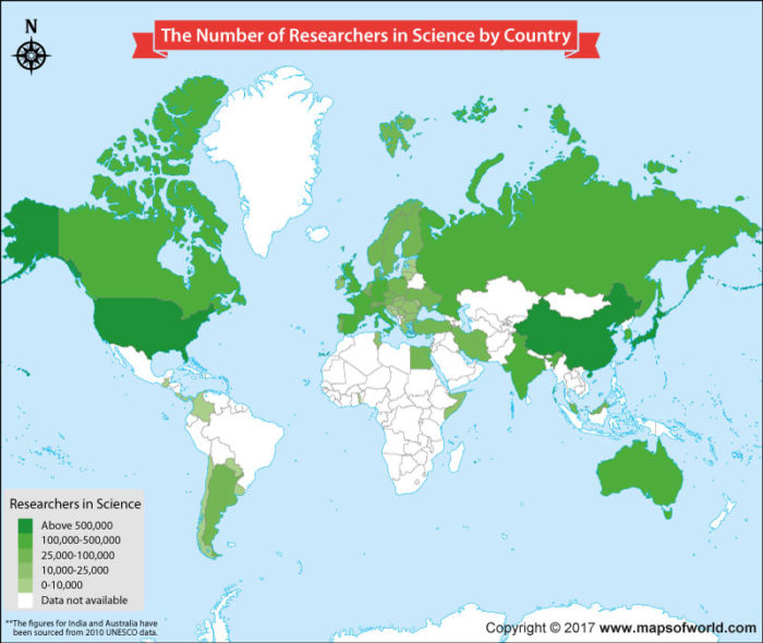 World map showing science researchers around the world