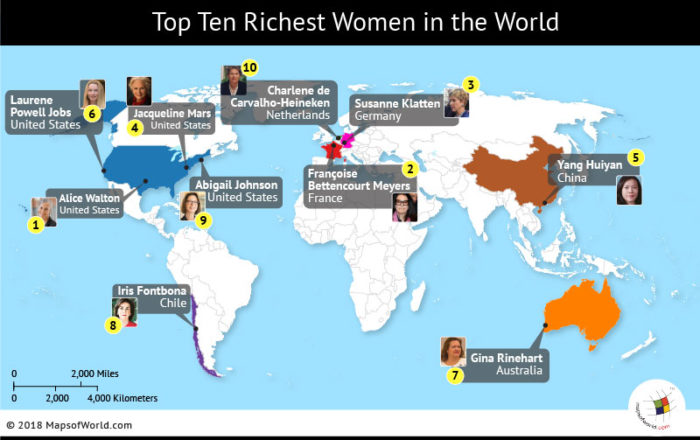 World map depicting top ten richest women