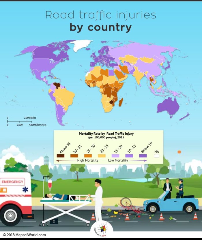 World map depicting countries with the highest road traffic injuries