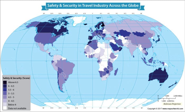 World map showing the safest countries in the world