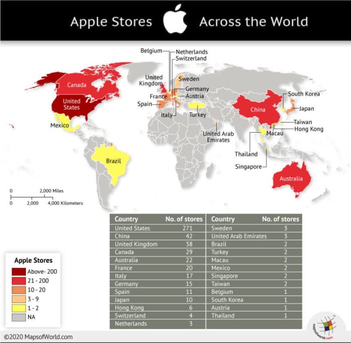 Map Showing Number of Apple Stores in Countries Across the World