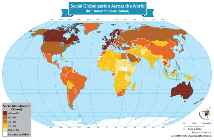 World map showing countries socially globalized
