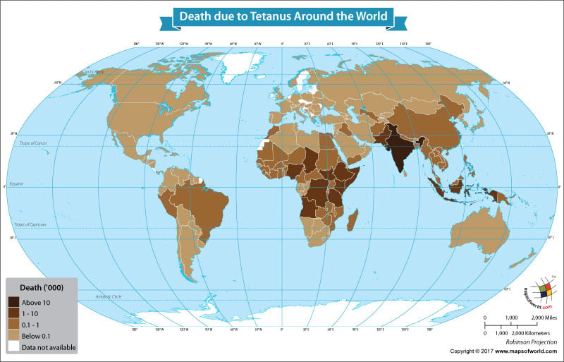 World map showing countries wiith tetanus affected population