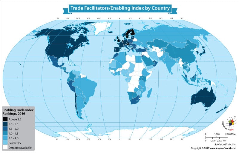 World map showing trade facilitators/enablers index 