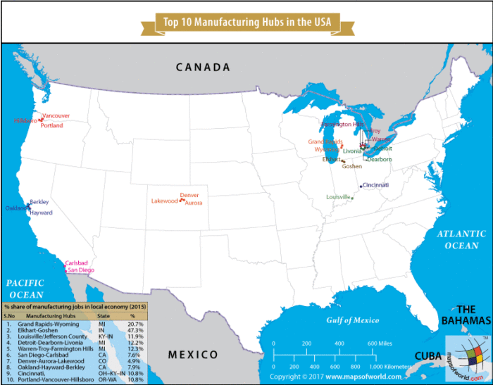 Map of USA showing the top 10 manufacturing hubs