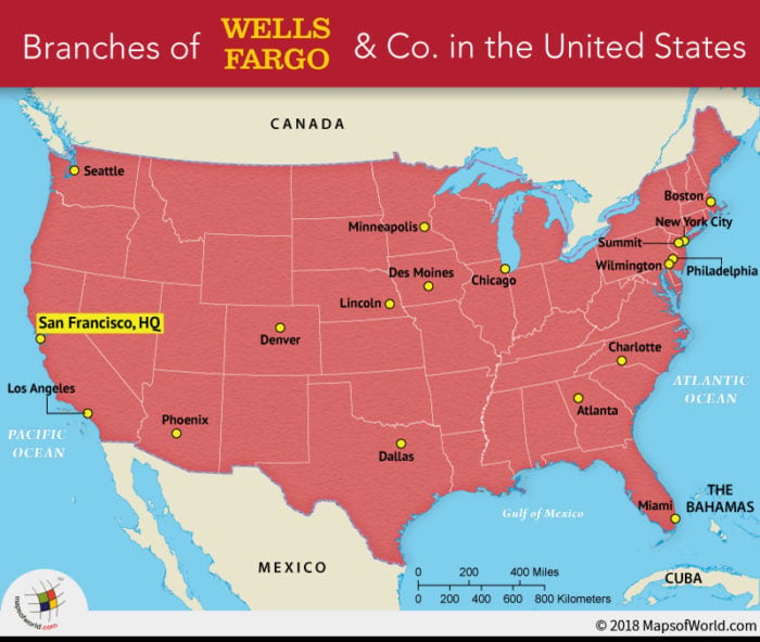 US Map depicting branches of Wells Fargo and Co.