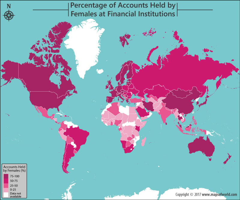 World map showing female inclusion in financial institutions 