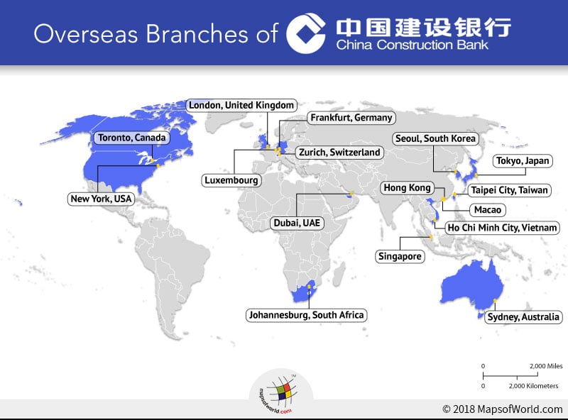 World map depicting overseas branches of China Construction Bank