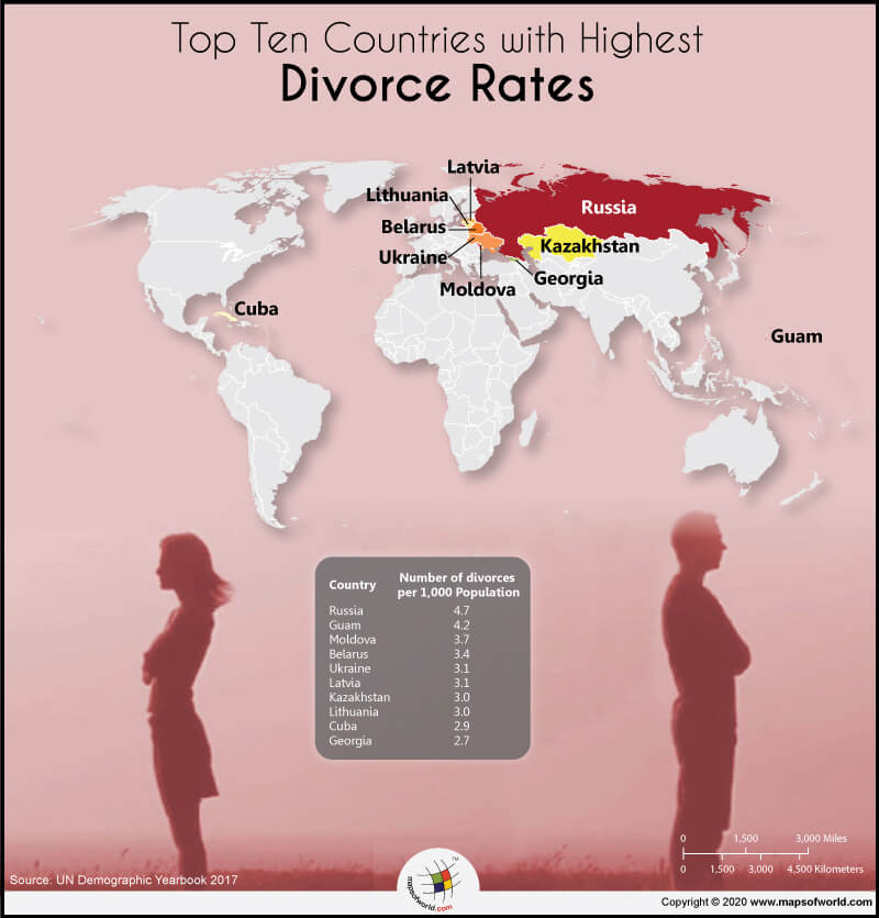 World Map Highlighting the Top 10 Countries with the Highest Divorce Rates