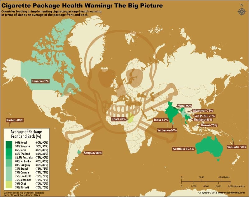 World map depicting countries with largest tobacco warning?