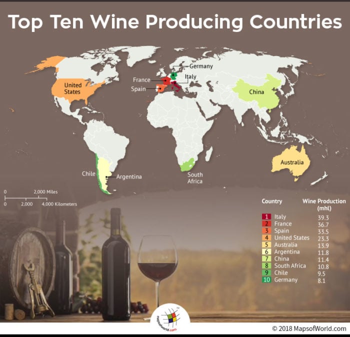 World Map depicting top ten wine producing countries