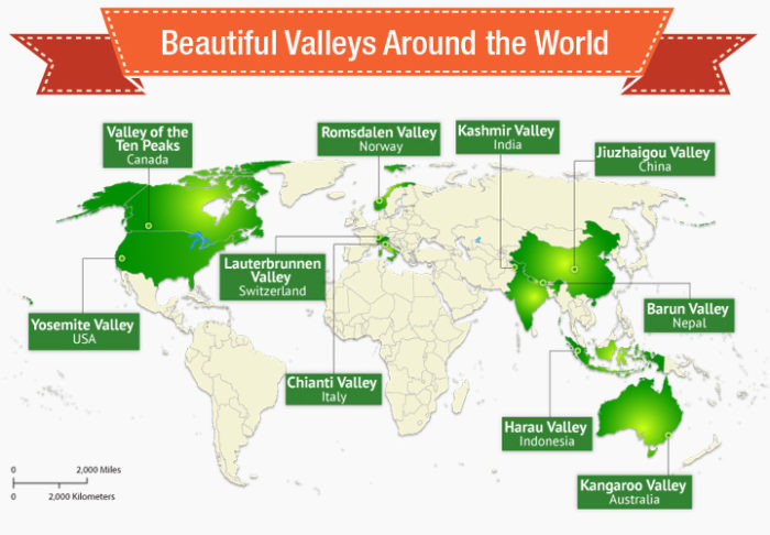 World map depicting most beautiful valleys