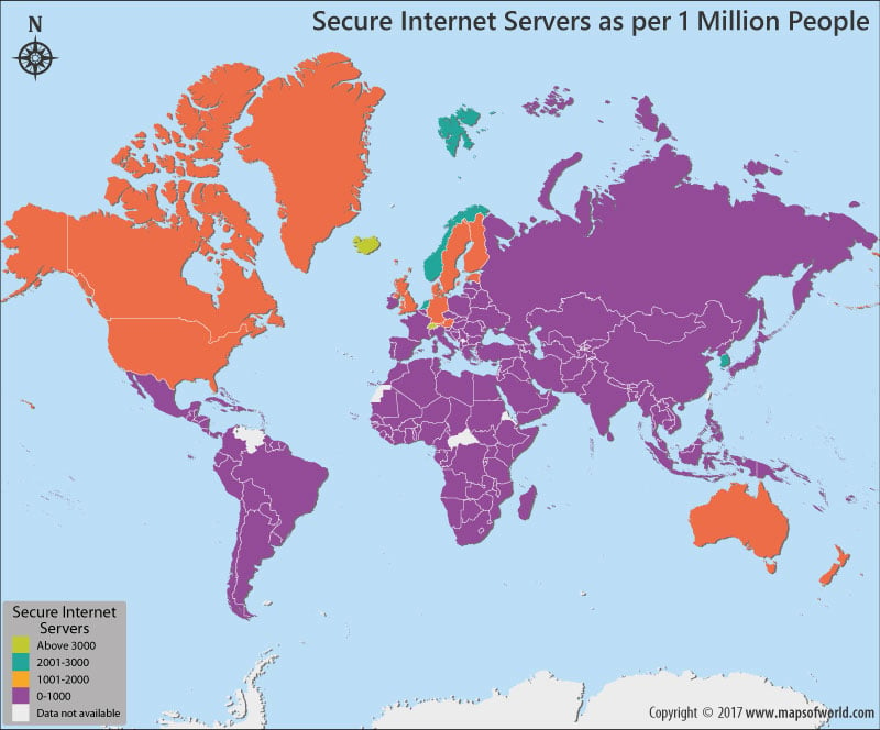 World map showing secure internet servers across the world 