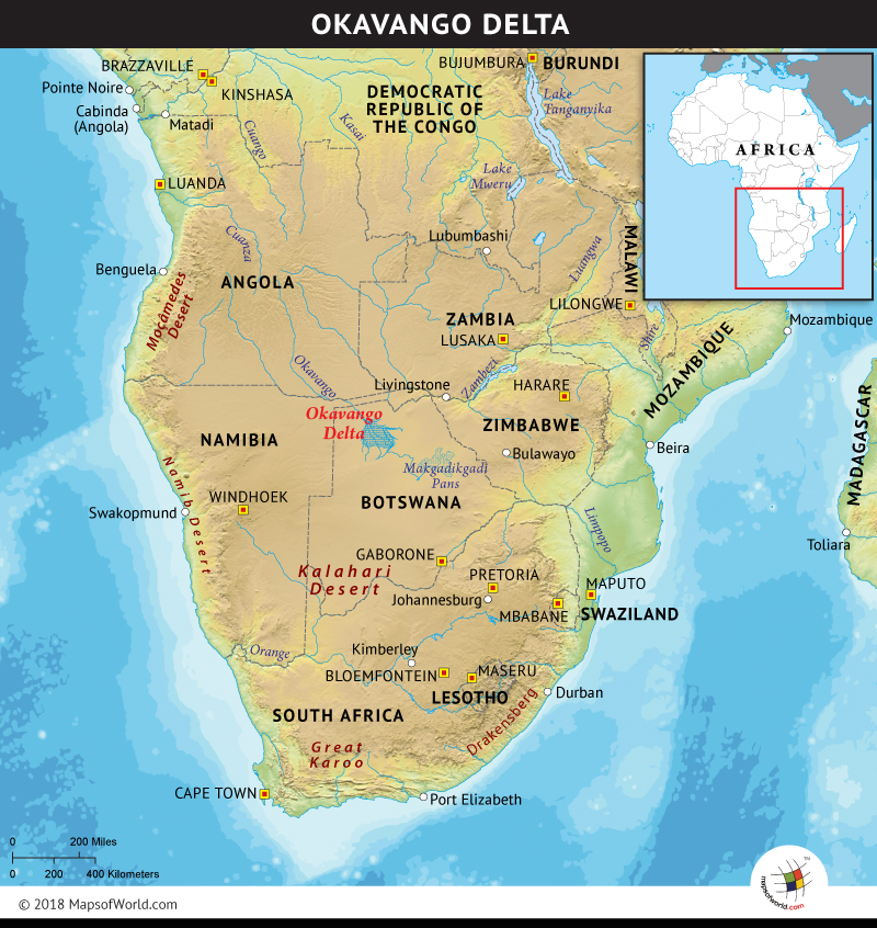 Map showing the location of Okavango Delta