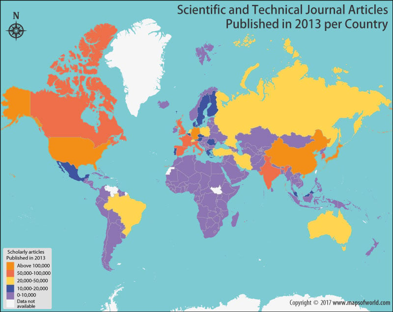 World map showing scientific and technical journal articles in 2013