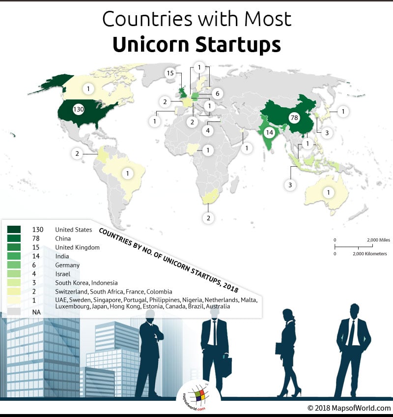 World map showing countries with the most Unicorn startups