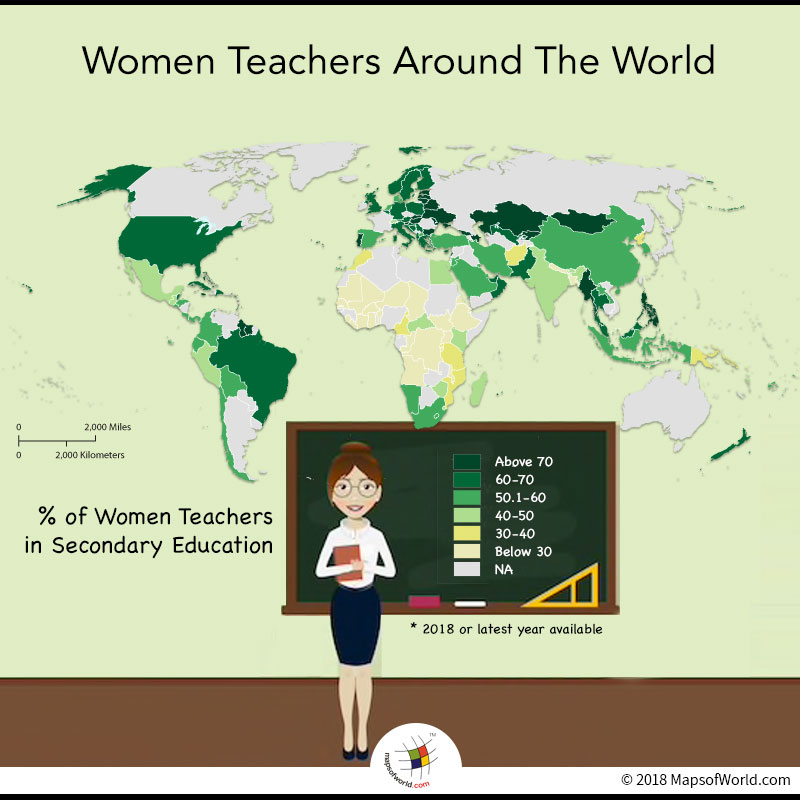 World map depicting percentage rate of women teachers in secondary education