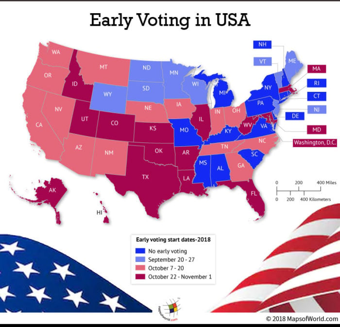 US Map depicting when early voting begins